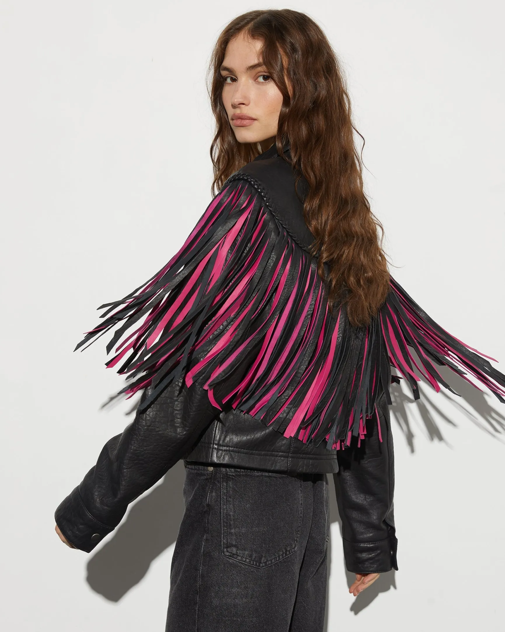 Janez Leather Fringe Jacket | Black