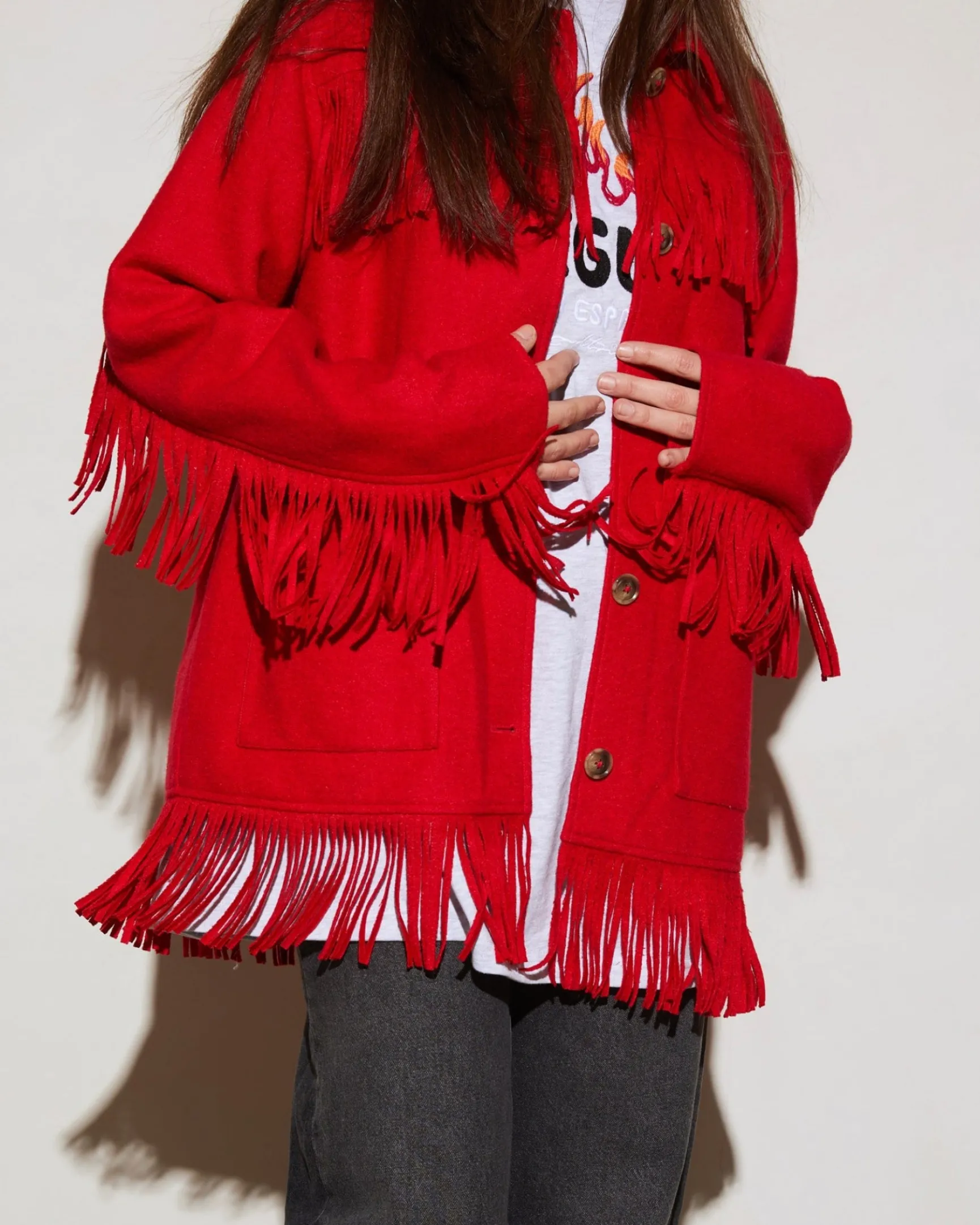 Wool Fringe Jacket | Red